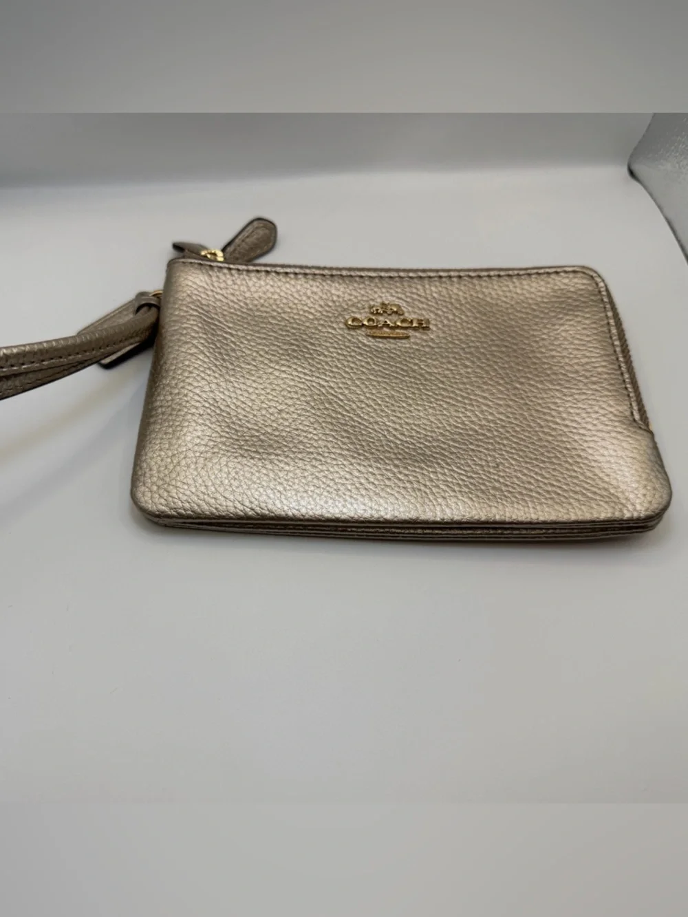 Coach Metallic Gold Pebbled Leather Double Zip Wristlet Pouch Wallet Clutch GUC